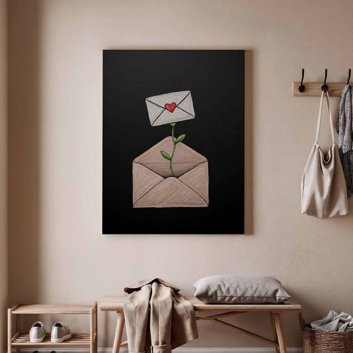 Love Letter Art Print Romantic Envelope Wall Decor Botanical Inspired Canvas Heart Poster Whimsical Themed