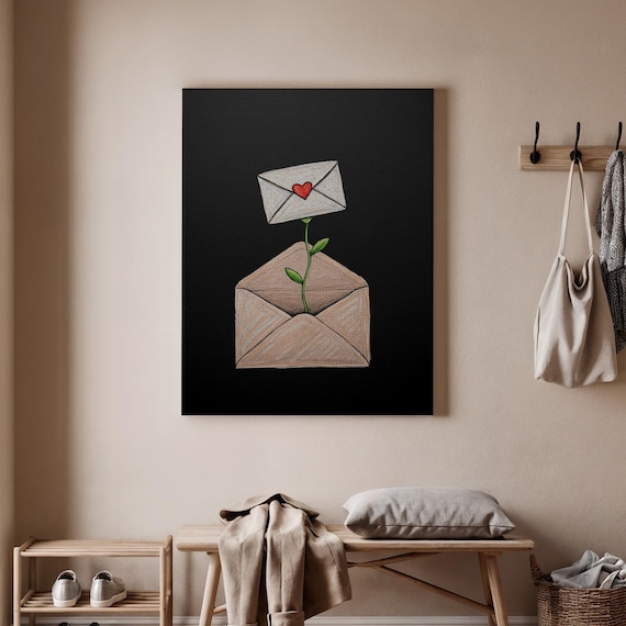 Love Letter Art Print Romantic Envelope Wall Decor Botanical Inspired Canvas Heart Poster Whimsical Themed