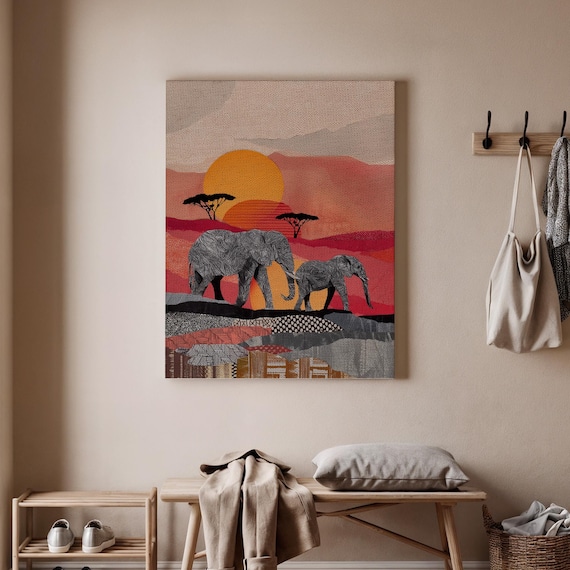 Elephant Sunset Canvas Art African Wildlife Wall Decor Family Of Elephants Print Nature Landscape Vibrant Safari
