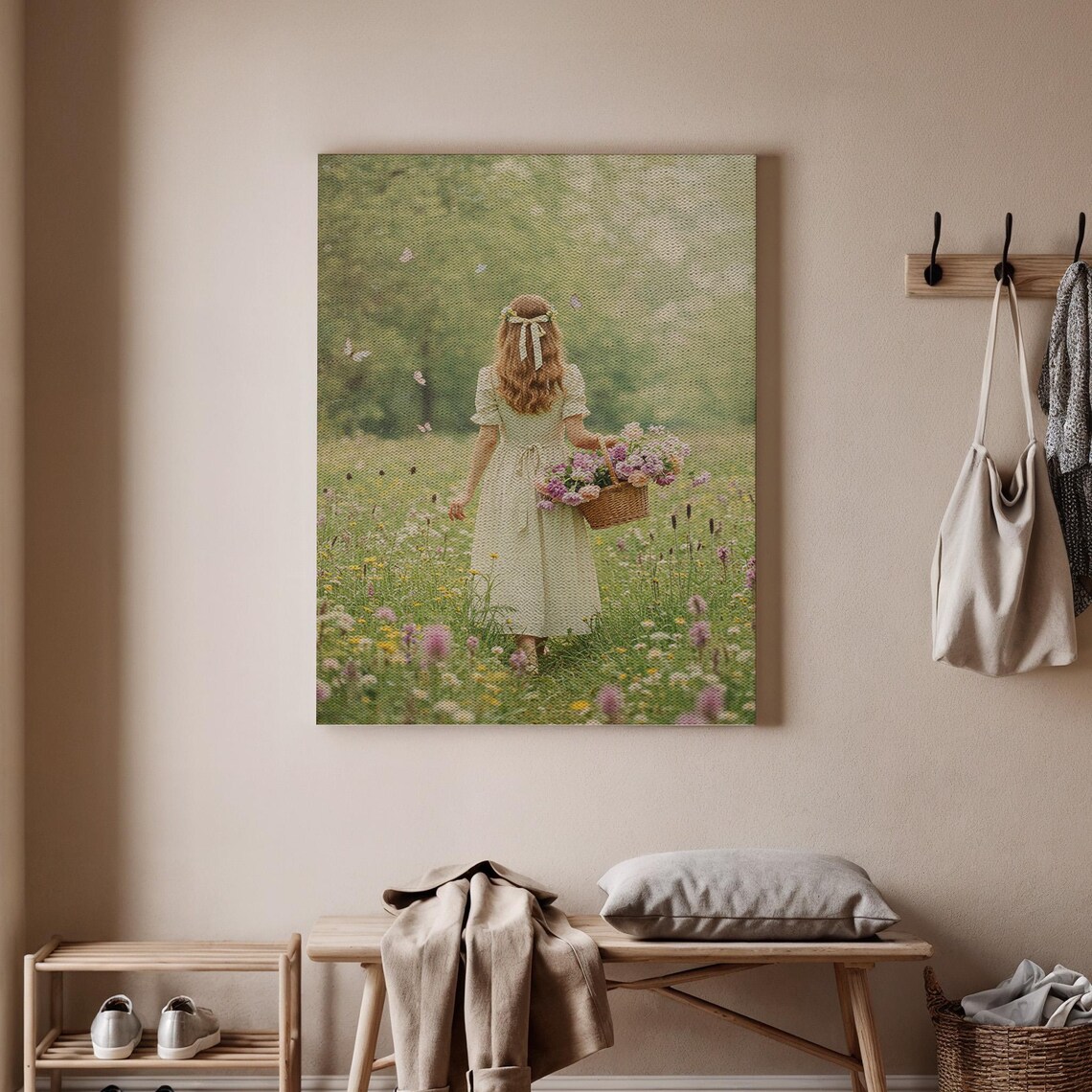 Girl In White Dress Carrying Flower Basket Summer Meadow Poster