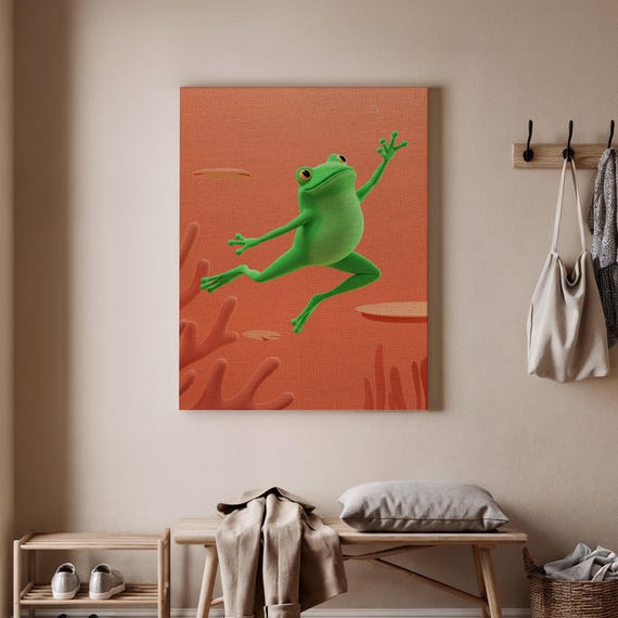 Leaping Frog Canvas Art Green Illustration Playful Animal Artwork Colorful Nature Decor Fun Wall