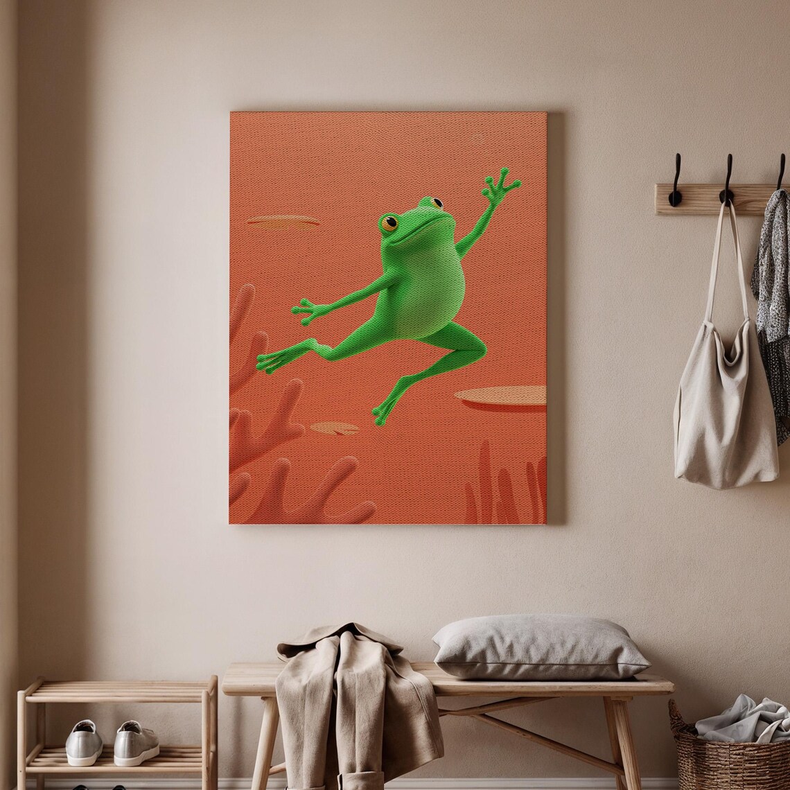 Playful Green Frog Leaping on Bright Coral Orange Background Poster