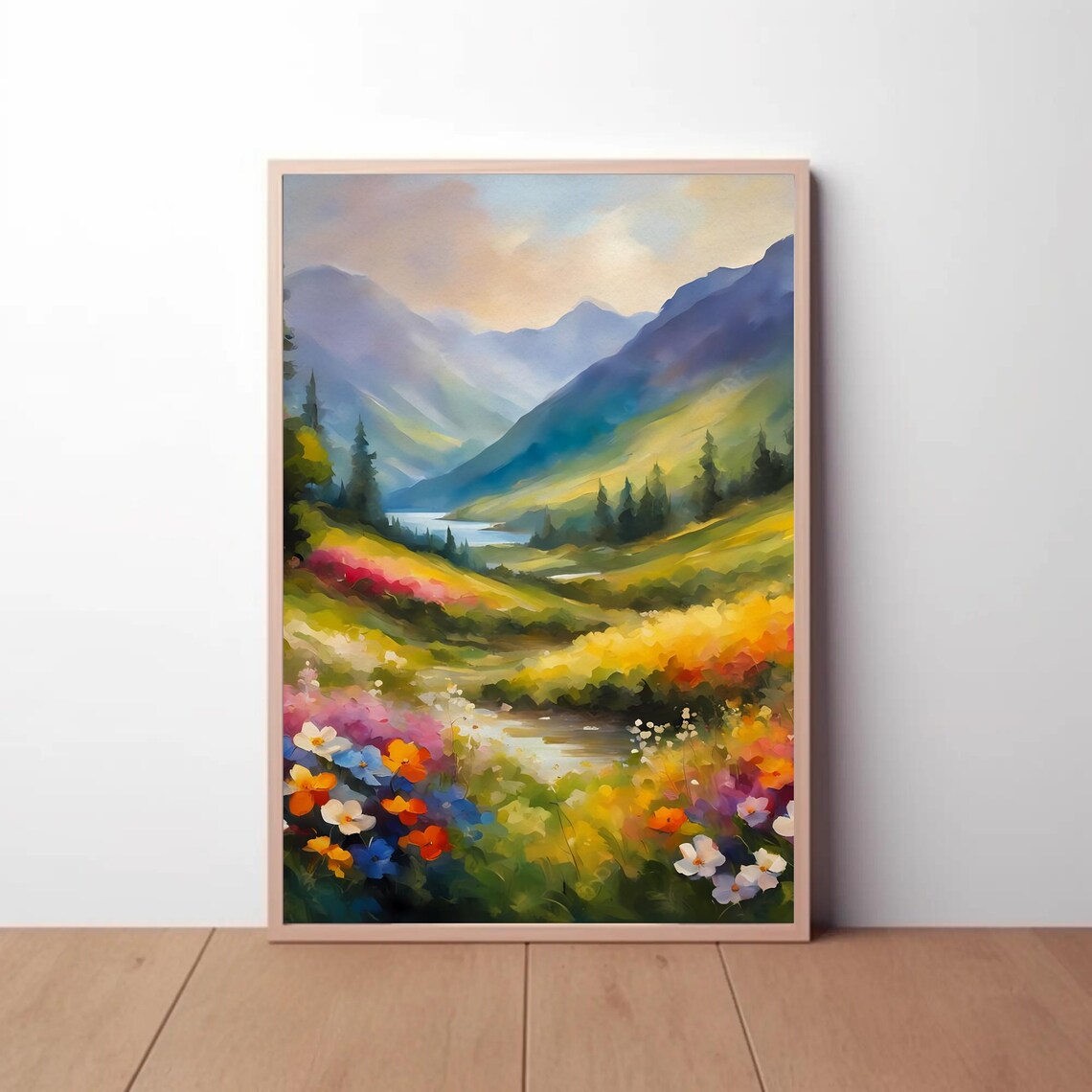 Mountain Valley Wildflowers Lake Watercolor Spring Landscape Poster