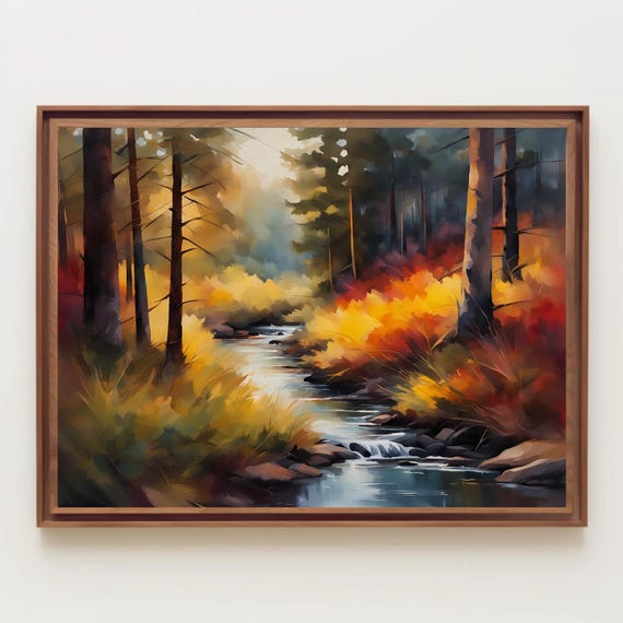 Calm Stream In Forest Watercolor Painting Print Landscape Art Wall