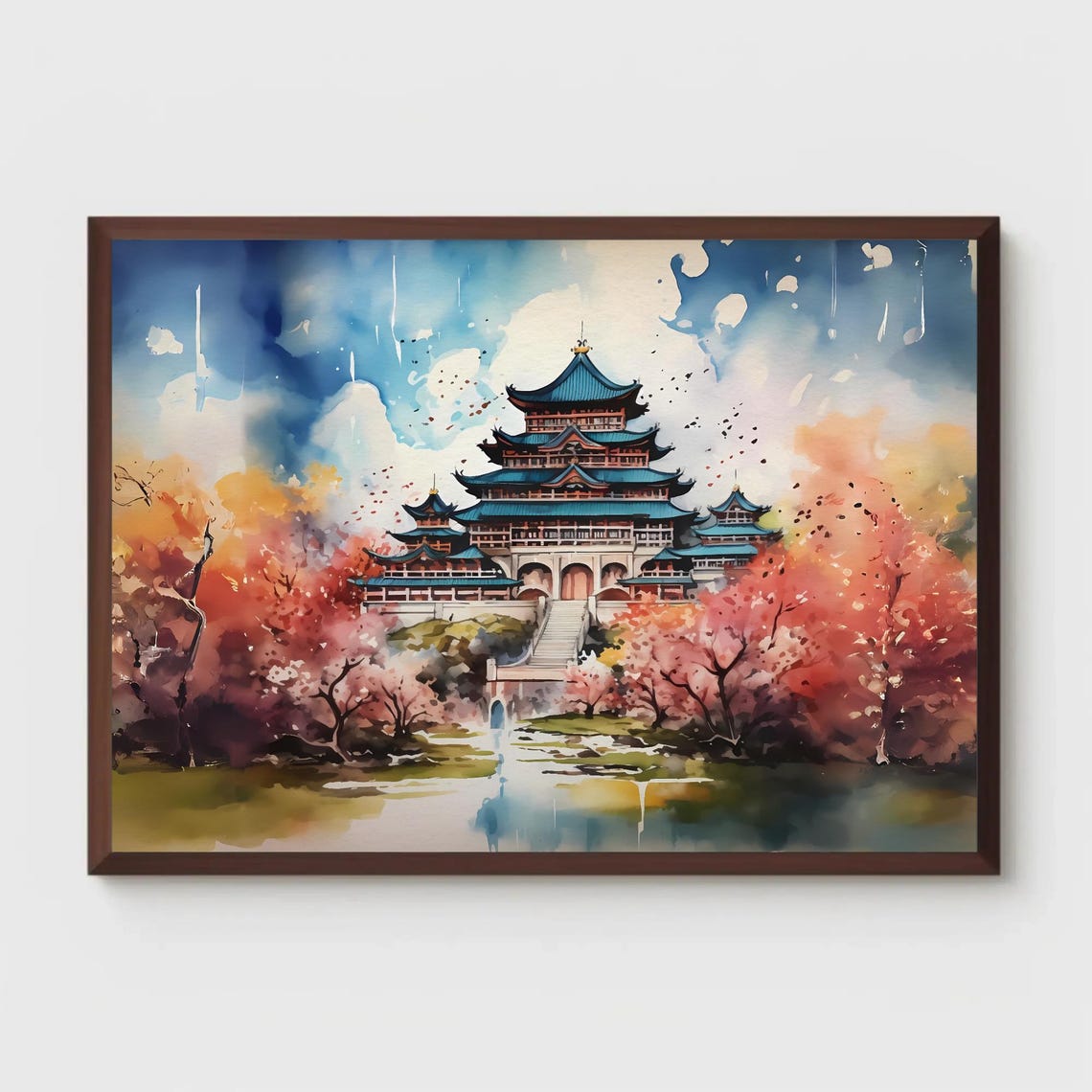 Japanese Pagoda with Cherry Blossoms Watercolor Spring Poster