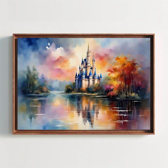 Castle On A Lake Watercolor Painting Print Princess Kids Room Dcor Nursery Wall Art Poster