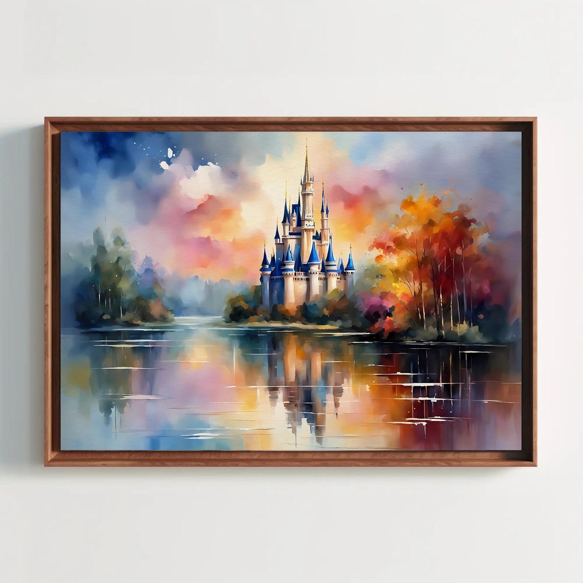 Fairy Tale Castle Blue Spires Lake Reflection Watercolor Art Poster