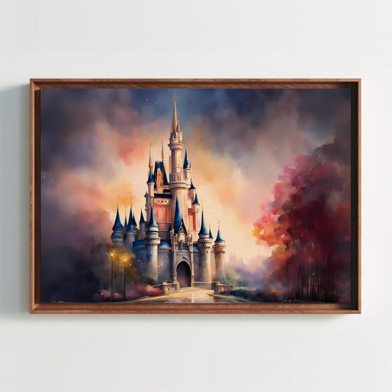 Sleeping Beauty Inspired Watercolor Painting Fairytale Art Princess Castle Kids Room Wall Decor Nursery