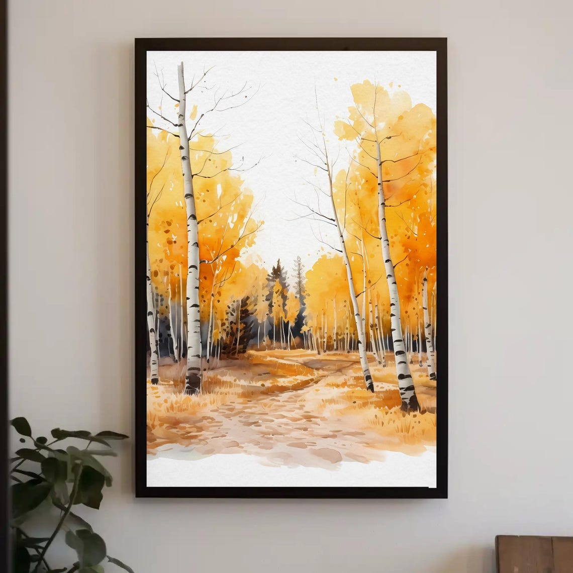 Aspen Forest During Fall Time Watercolor Painting Landscape Autumn Foliage Colorado Art Wall