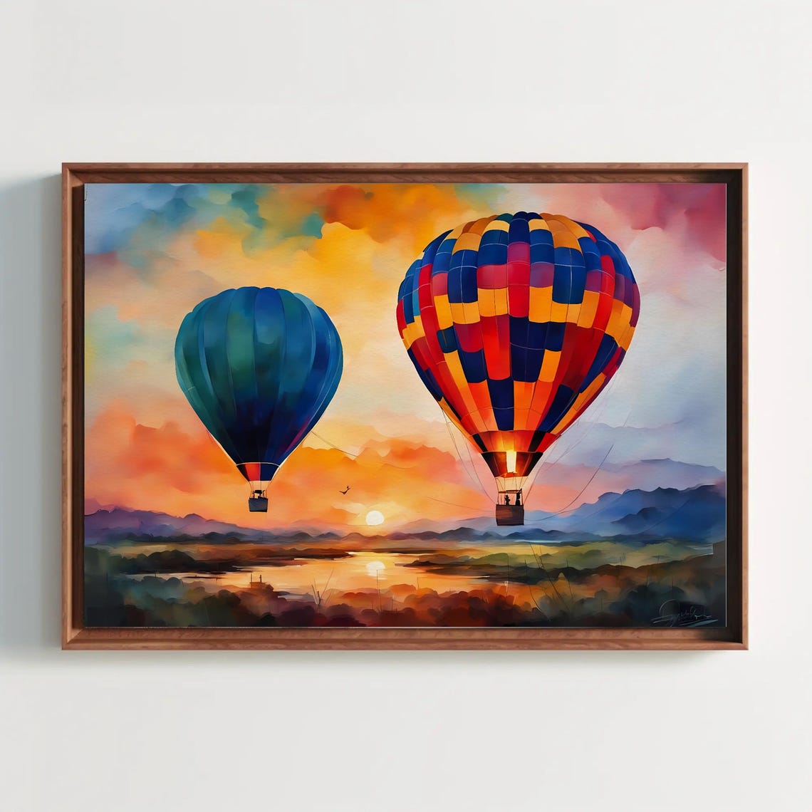 Colorful Hot Air Balloons Sunrise Watercolor Landscape Poster