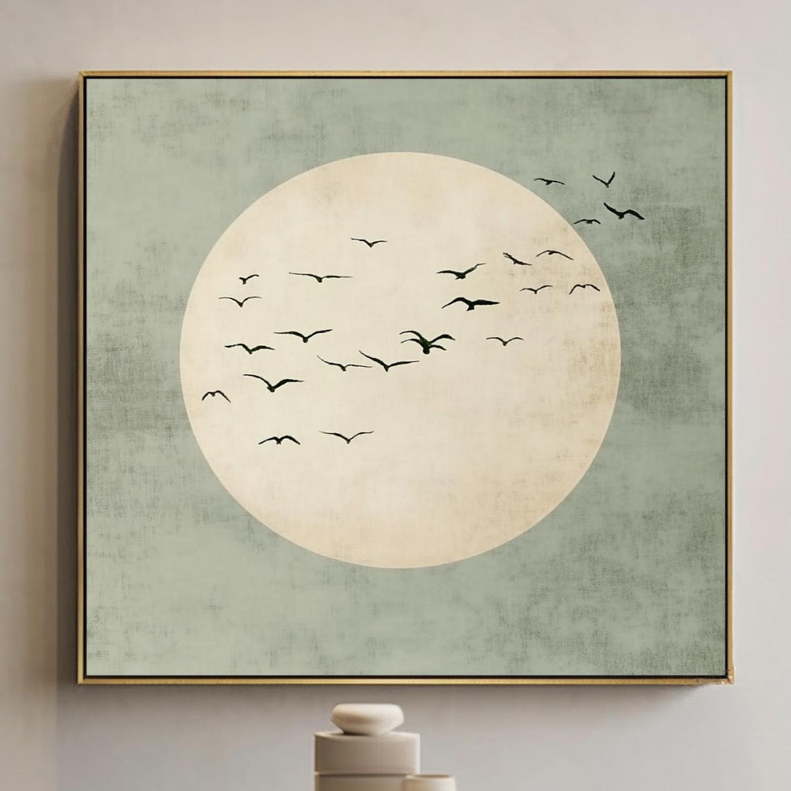 Full Moon Birds Sage Green Background Gold Frame Minimal Poster