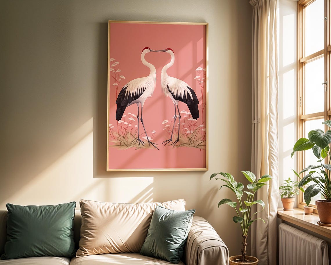 Two Red Crowned Cranes Pink Blossom Japanese Style Art Poster - Image 5