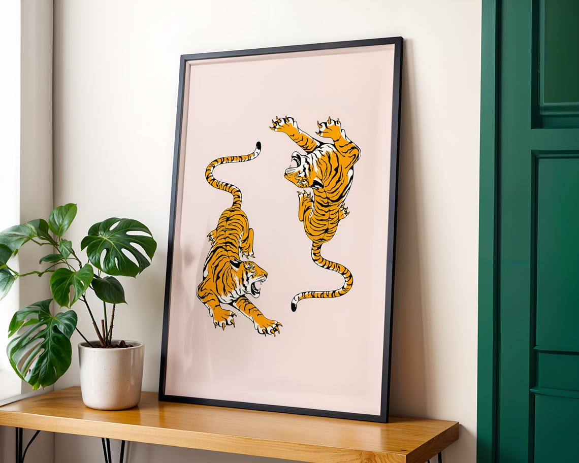 Fierce Tiger Illustration Retro Wild Animal Print Maximalist Jungle Decor Wall Art Dorm Room Trendy - Image 2