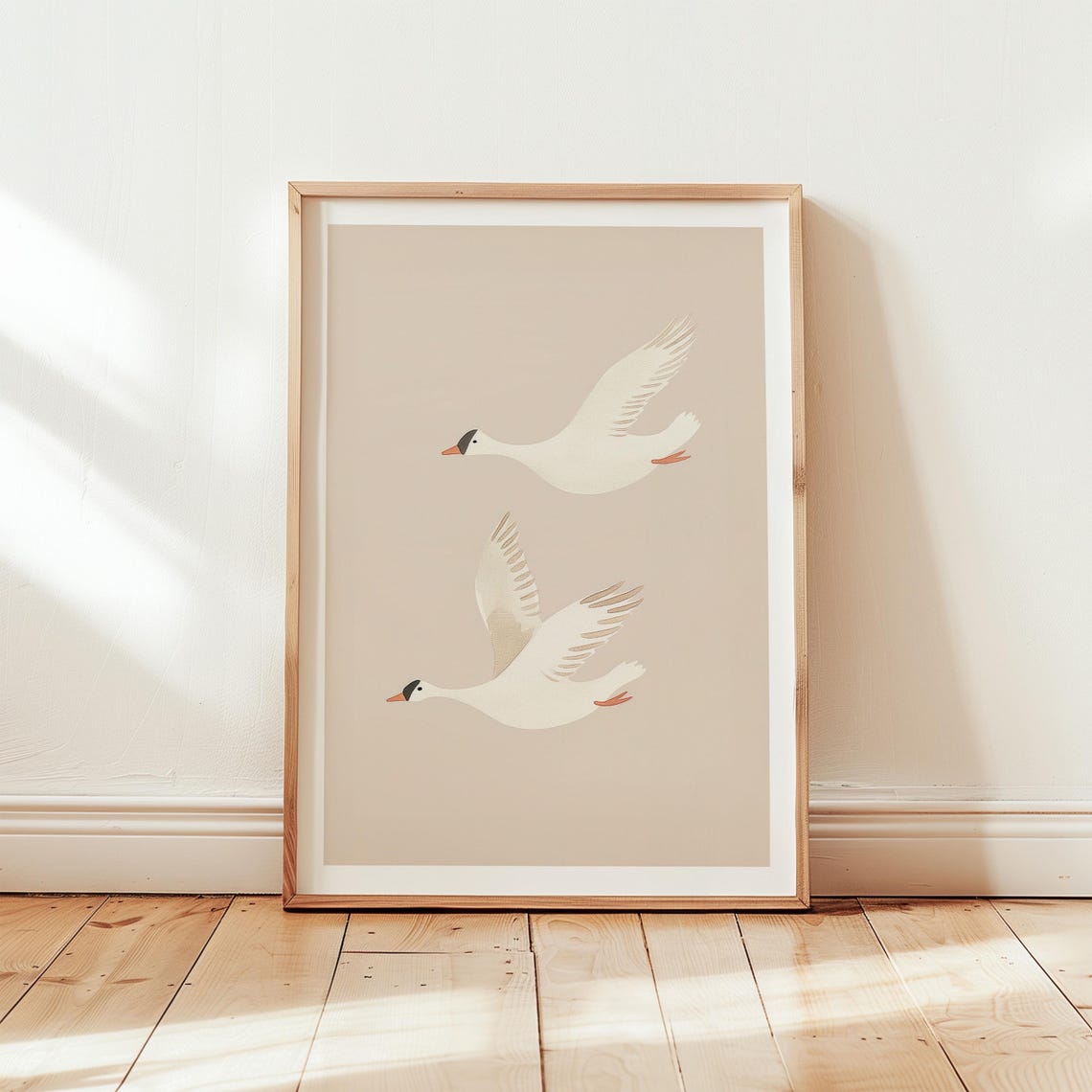 Two White Geese in Flight Minimalist Beige Neutral Nursery Poster - Image 4