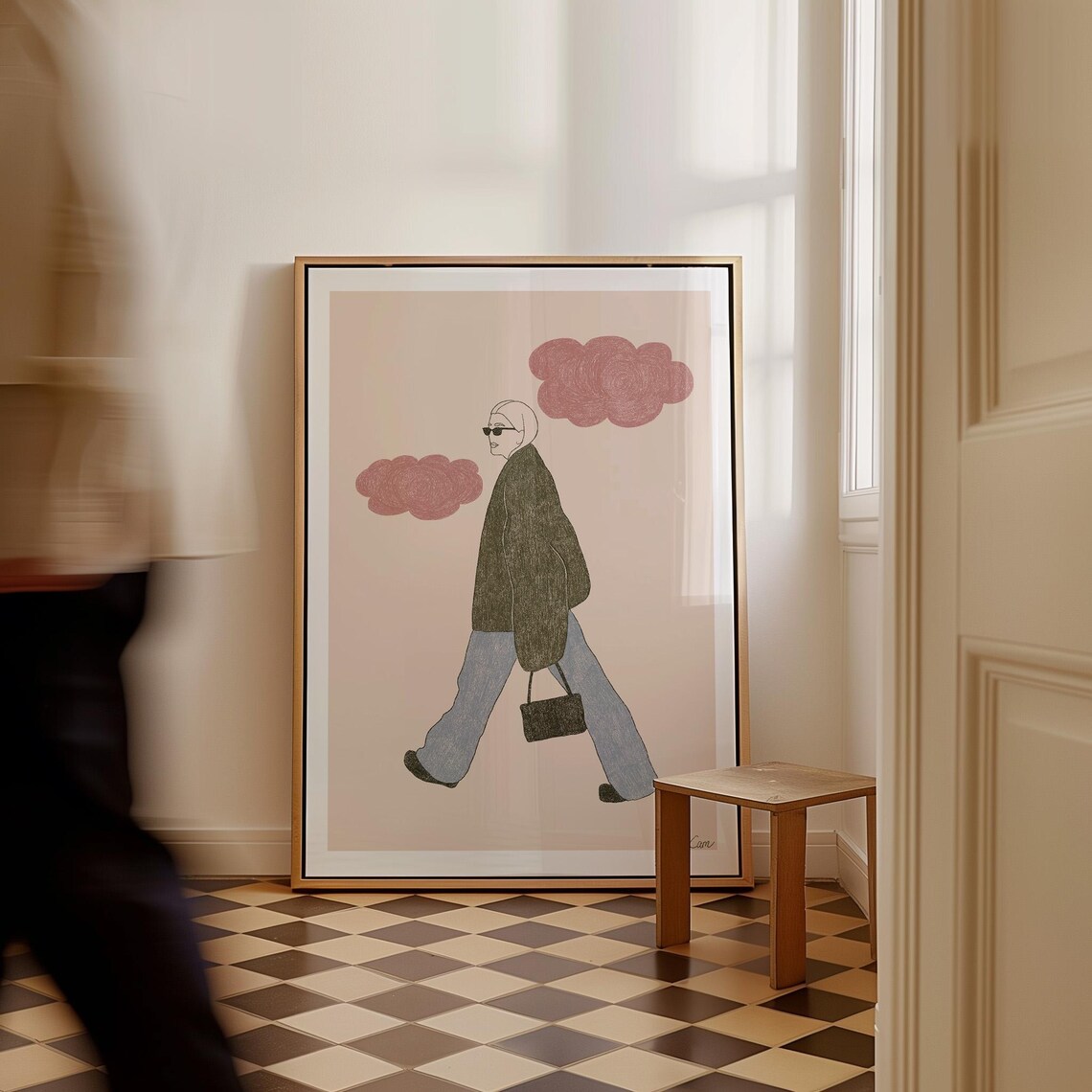 Stylish Woman In Sunglasses Walking With Pink Clouds Fashion Poster