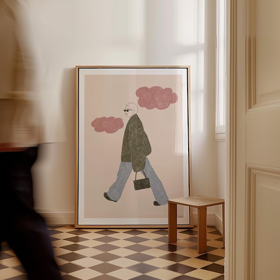 Stylish Woman In Sunglasses Walking With Pink Clouds Fashion Poster