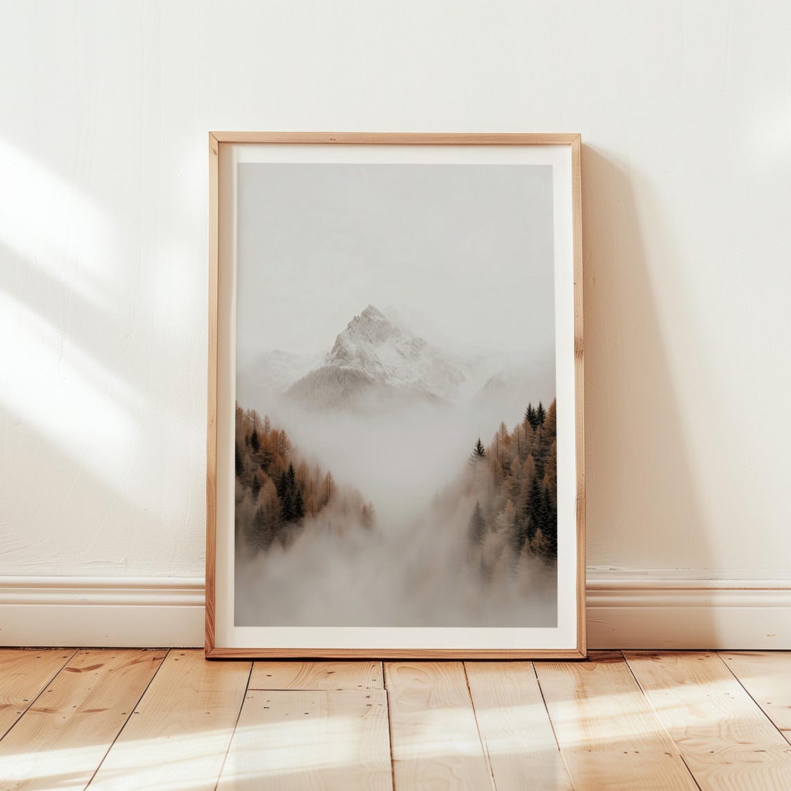 Snow Capped Mountain Peak in Fog with Pine Forest Minimal Poster