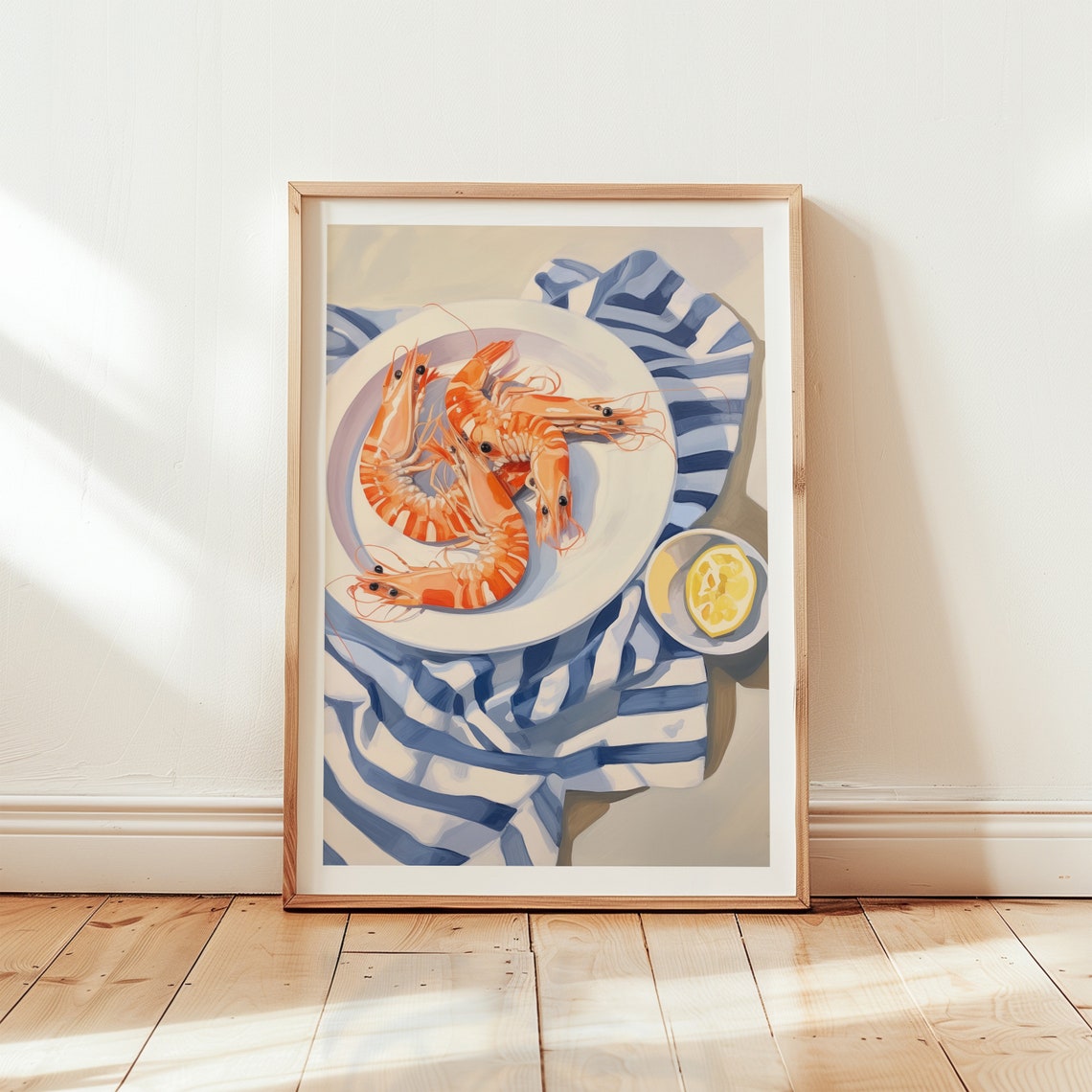 Plate Of Shrimp With Lemon Coastal Kitchen Food Painting Poster