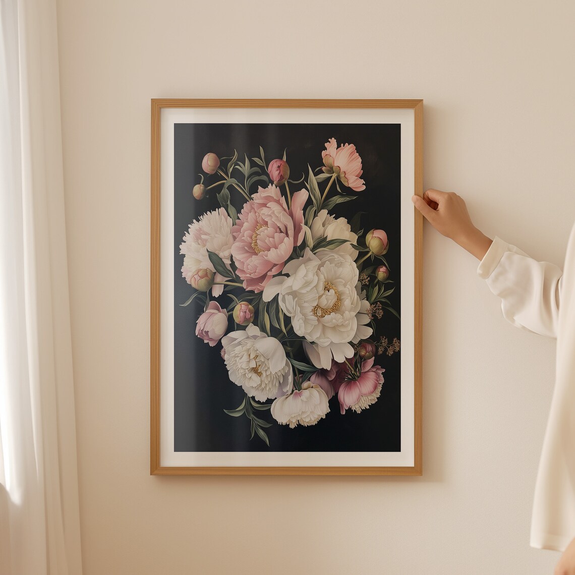 Pink and White Peonies Bouquet on Black Moody Floral Still Life Poster