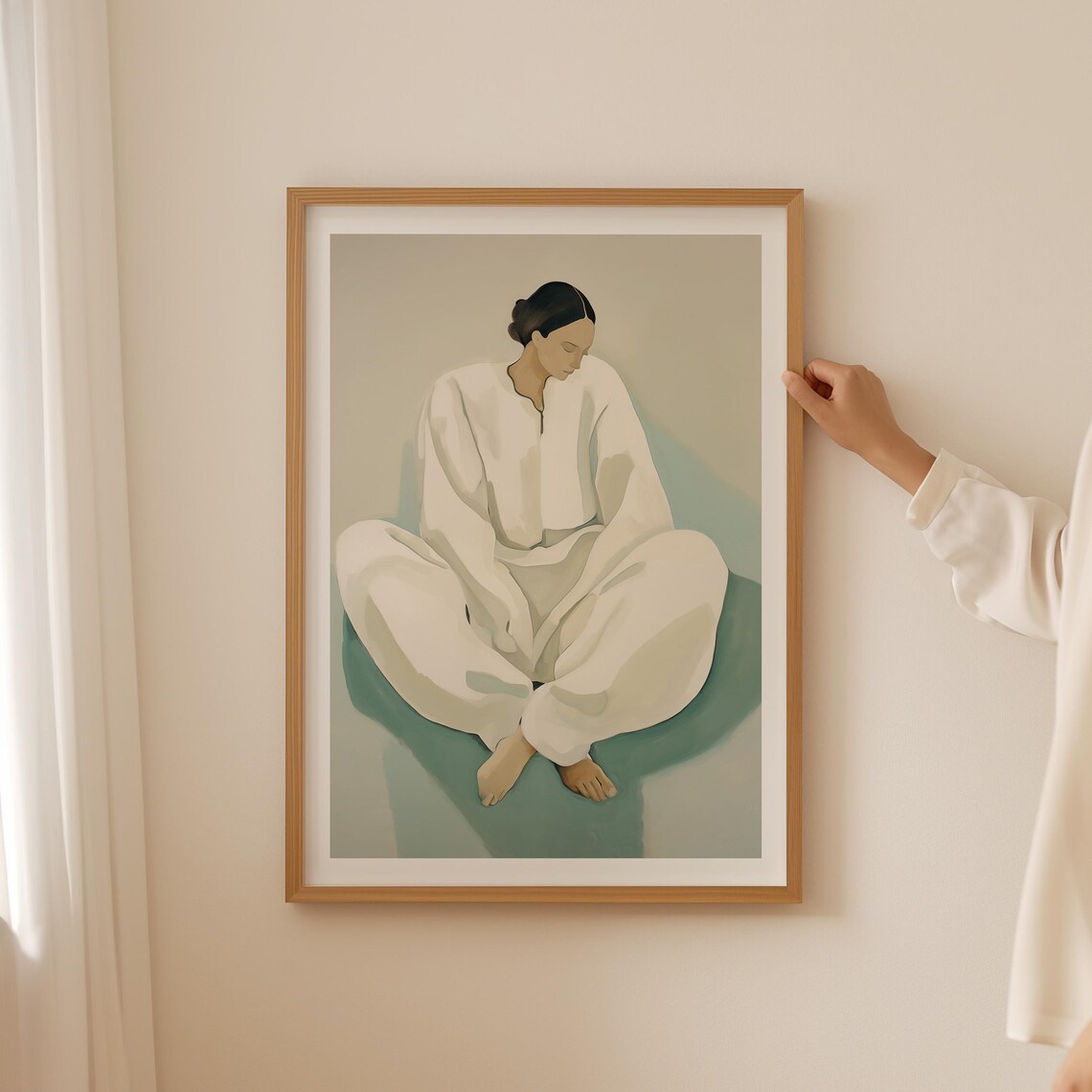 Seated Woman In White Robes Minimalist Nordic Figure Painting Poster