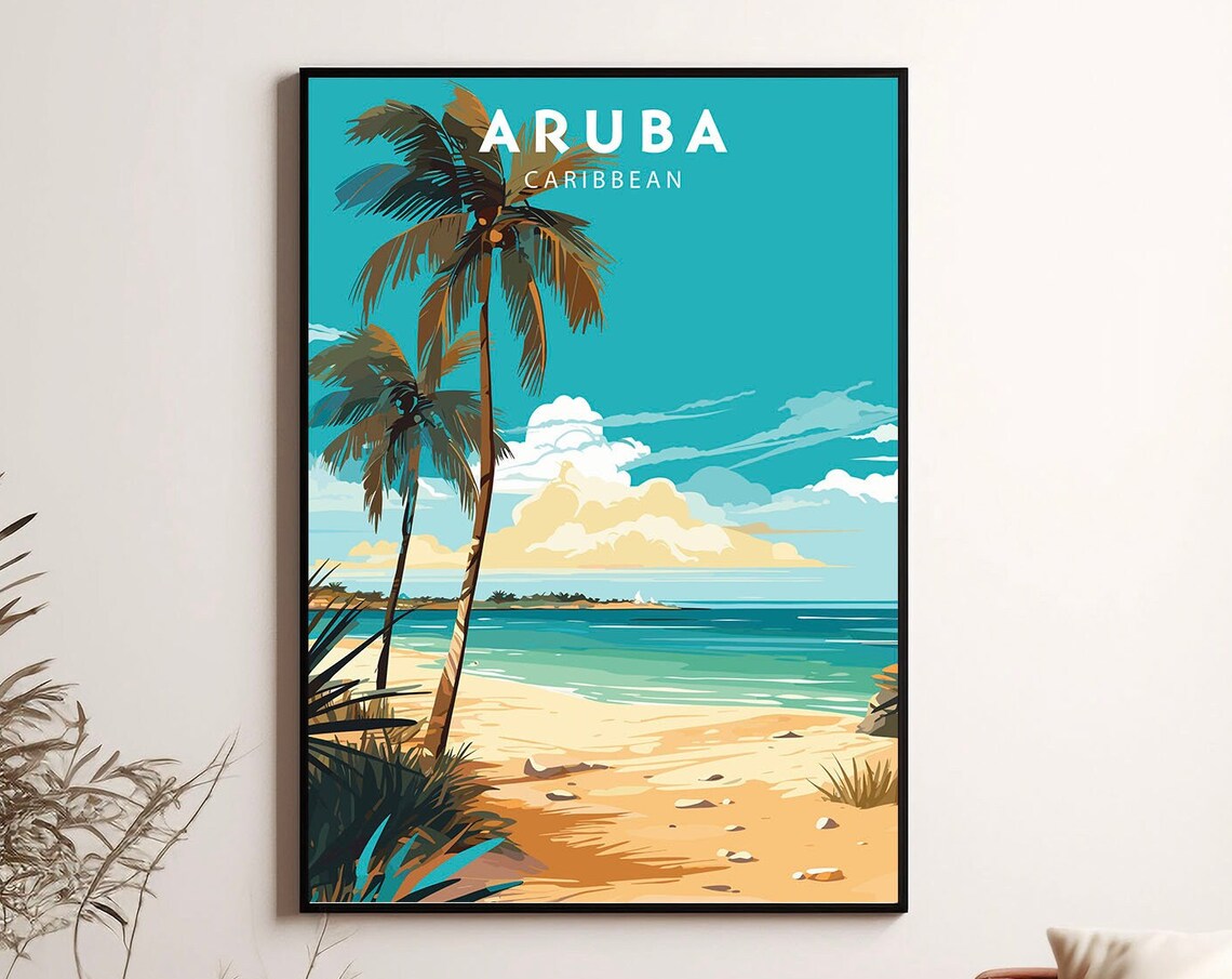 Aruba Caribbean Palm Tree Beach Turquoise Sea View Travel Poster