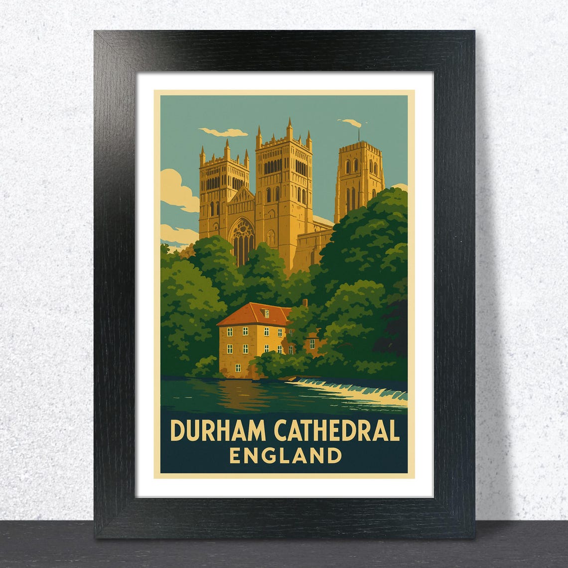 Durham Cathedral England Vintage Teal Sky Riverside View Travel Poster