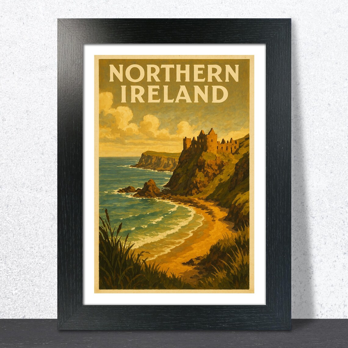 Northern Ireland Golden Coastal Castle Ruin Vintage Travel Poster