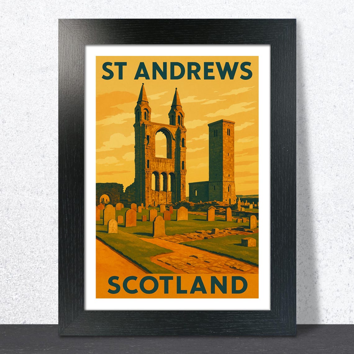 St Andrews Scotland Travel Poster Golden Cathedral Ruins Sunset