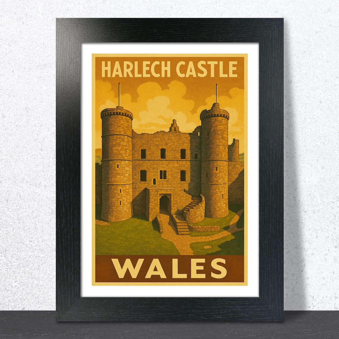 Harlech Castle Wales Vintage Golden Castle Travel Art Poster