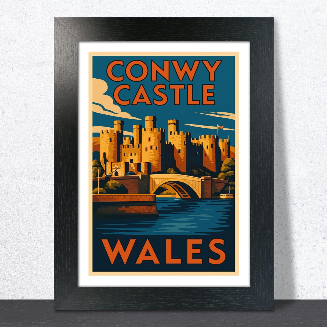 Conwy Castle Wales Vintage Travel Poster with Bridge Over Water