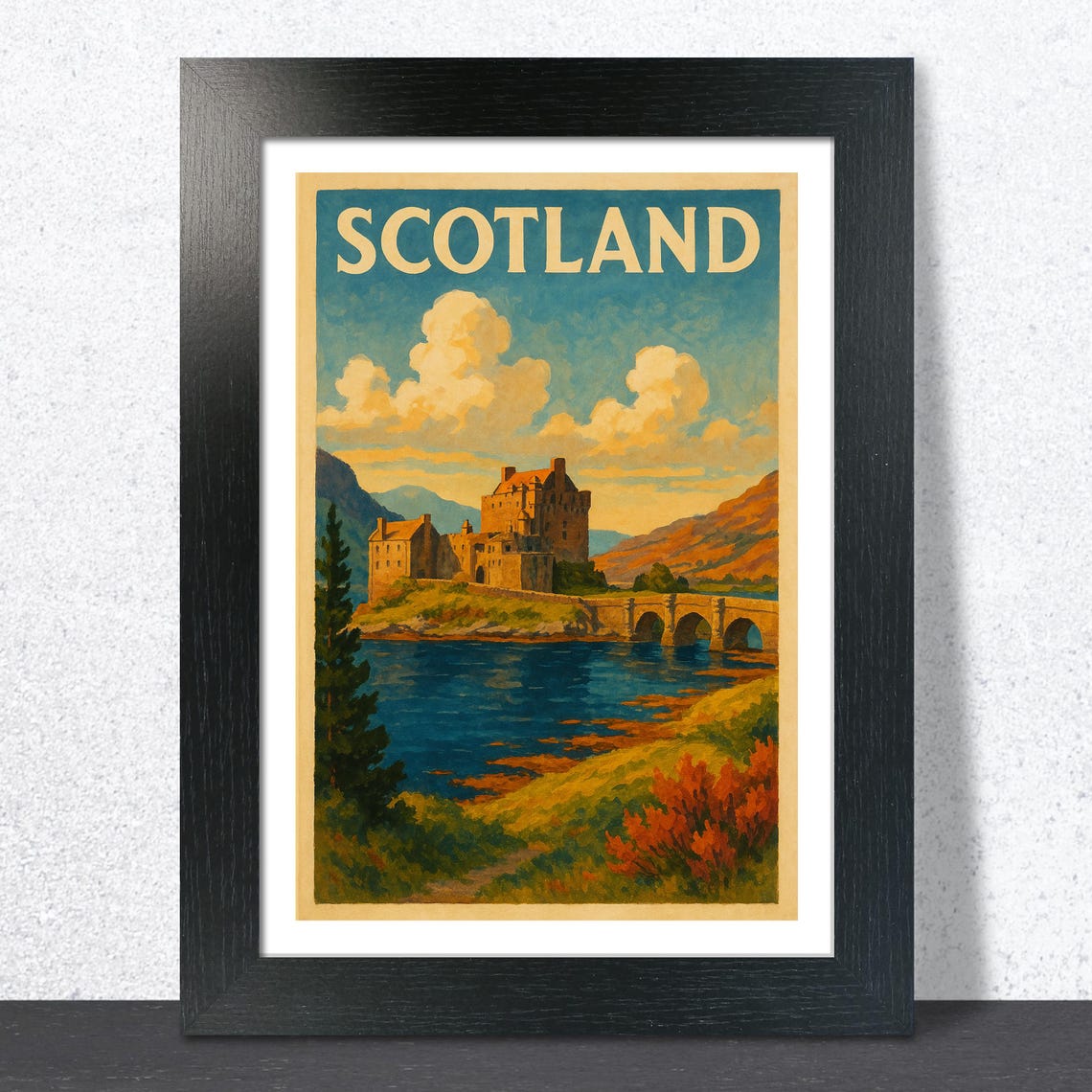 Scotland Vintage Travel Poster Highland Castle Loch Bridge Scene