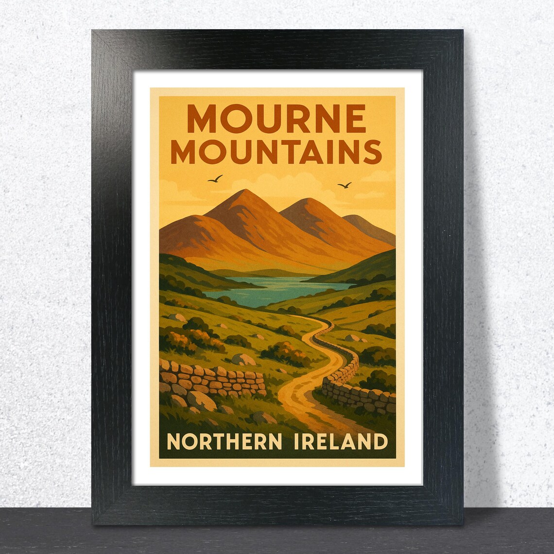 Mourne Mountains Northern Ireland Vintage Golden Peaks Travel Poster