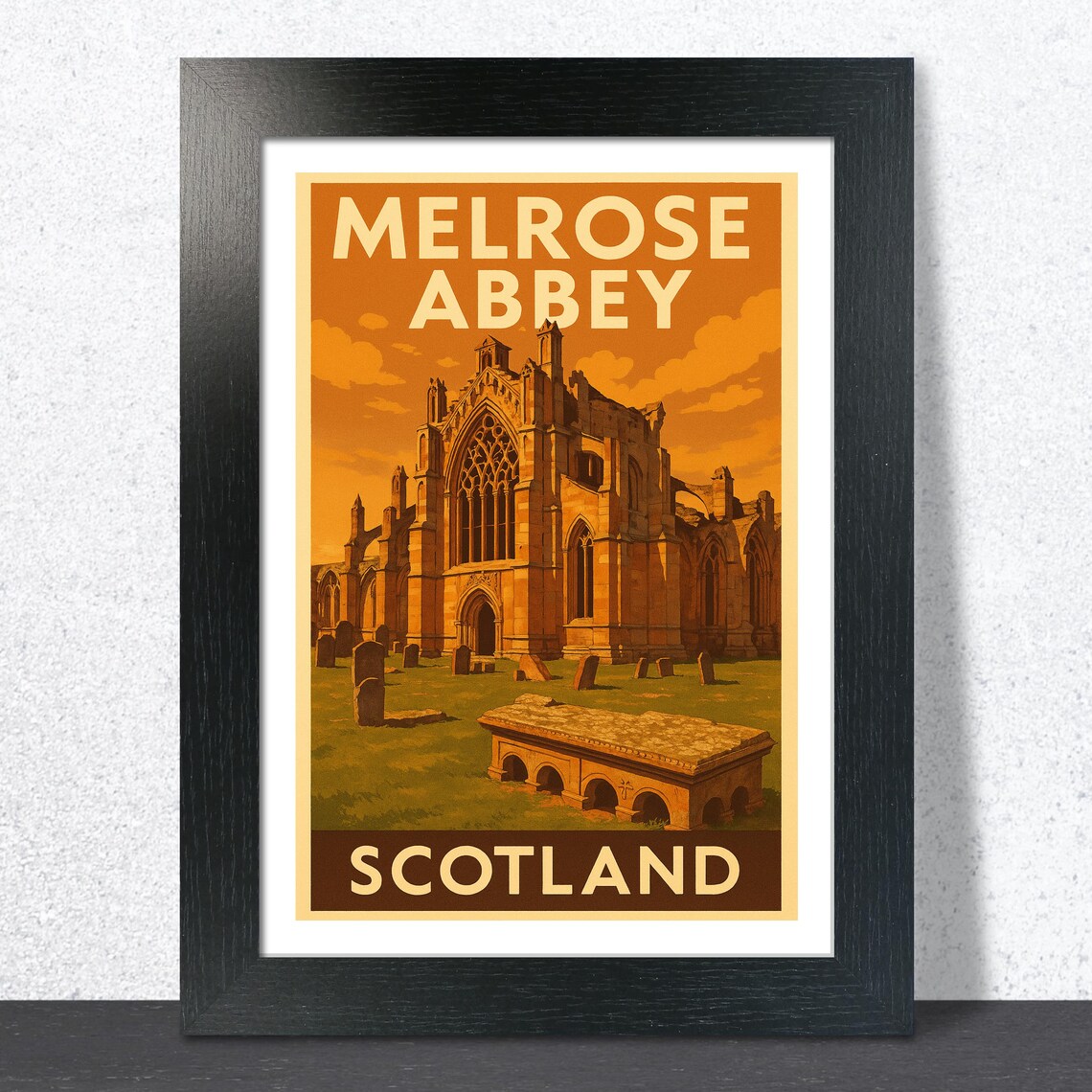 Melrose Abbey Scotland Sunset Orange Sky Vintage Travel Poster