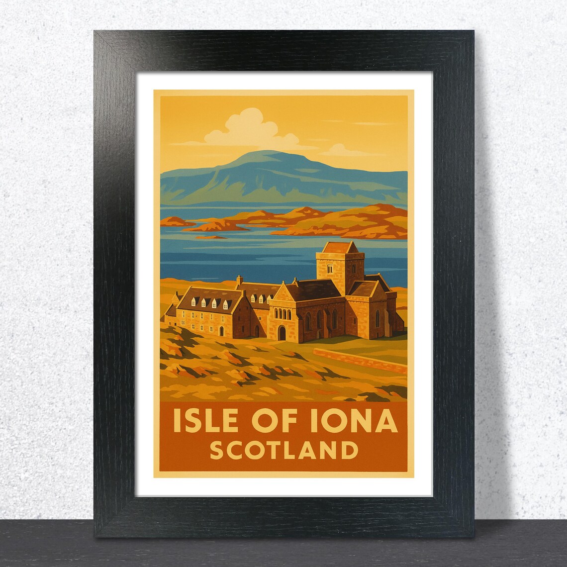 Isle of Iona Scotland Travel Poster Golden Abbey Ocean Sunset View