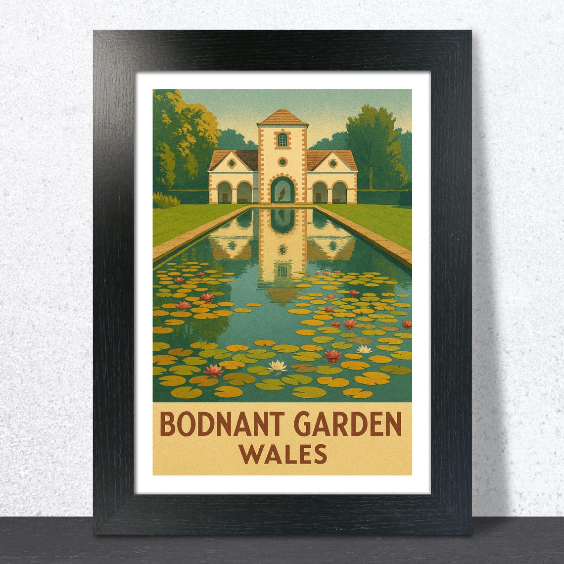 Bodnant Garden Wales Pavilion Reflection Textless Vintage Poster Art
