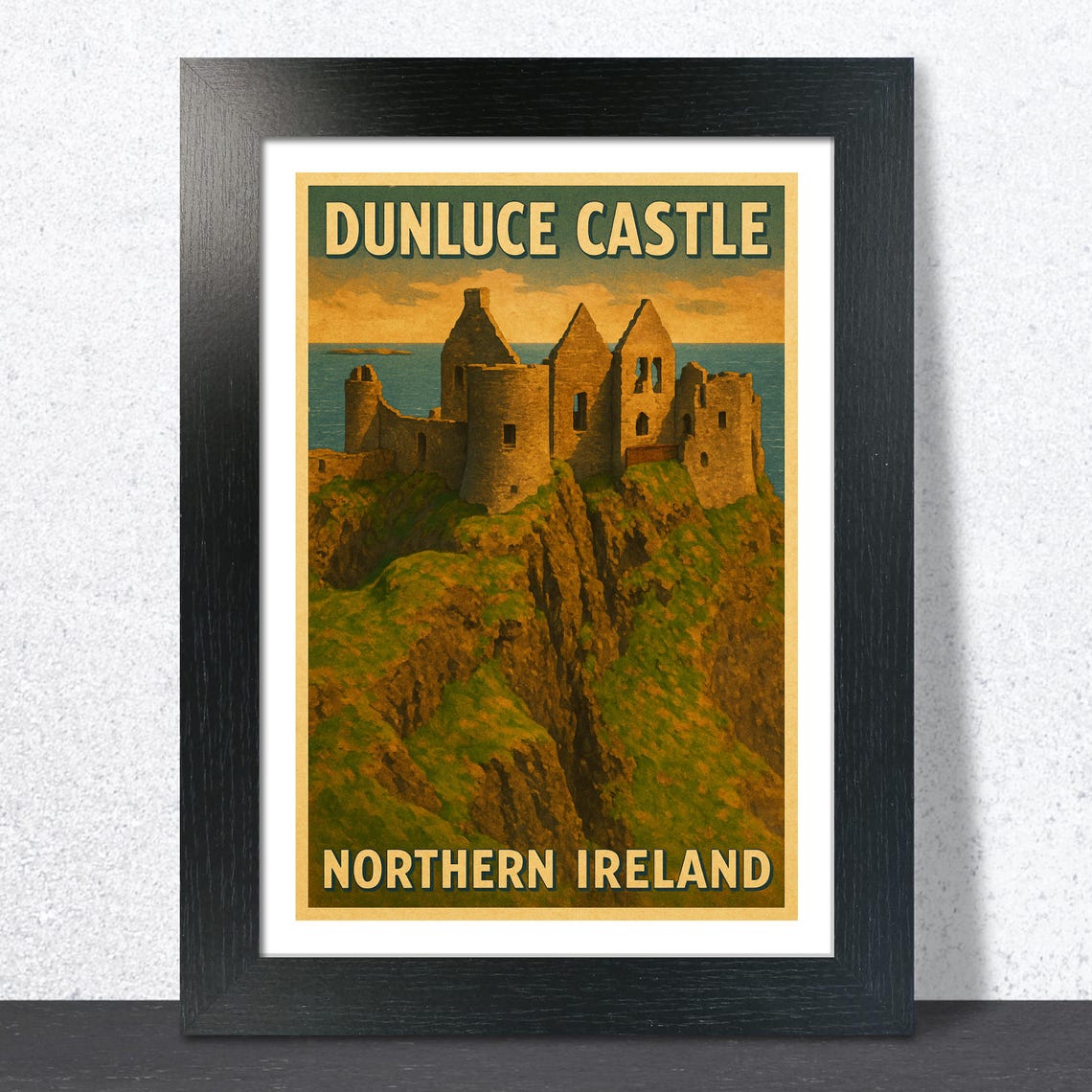 Dunluce Castle Ruins Golden Cliffs View Vintage Travel Poster
