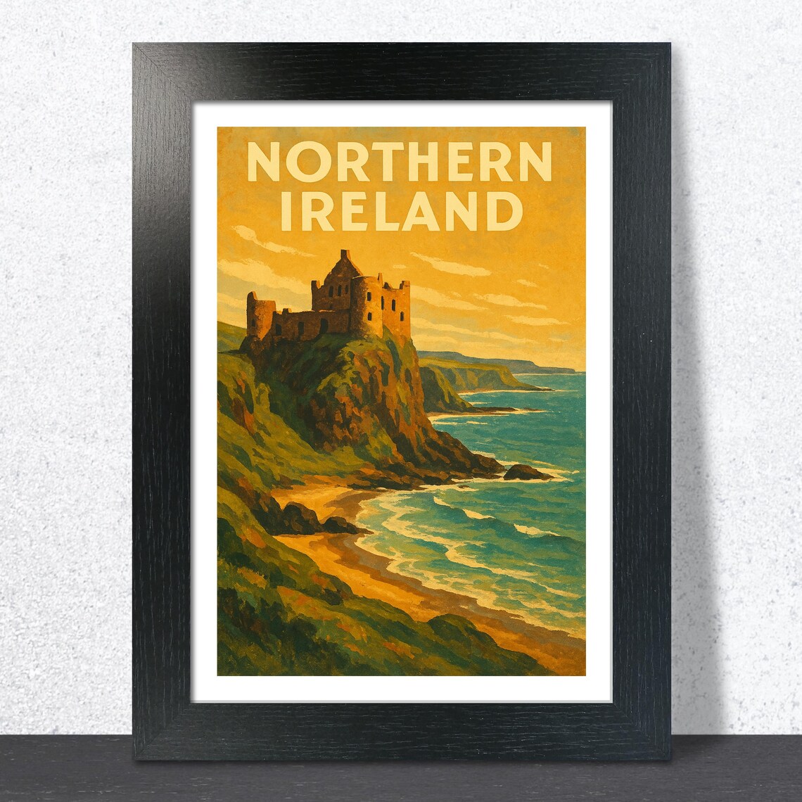 Golden Northern Ireland Castle Coast Sunset Vintage Travel Poster