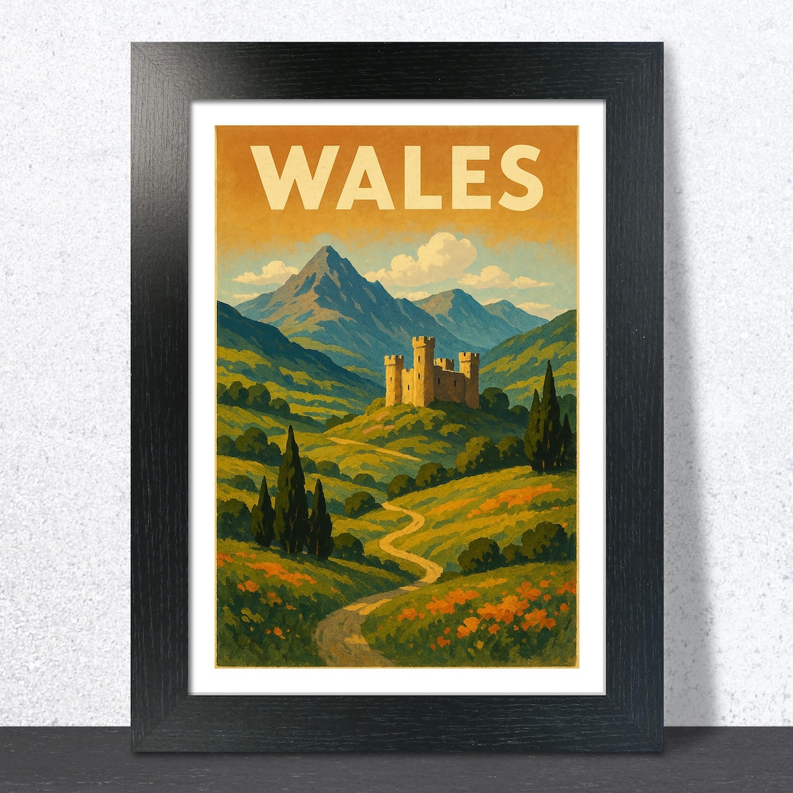 Wales Vintage Travel Poster Castle Green Hills Mountain Landscape