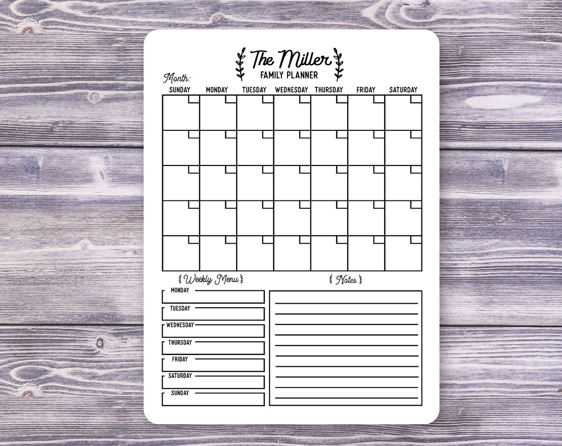 Personalized Family Monthly Planner Calendar Dry Erase Board Poster