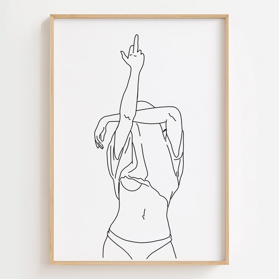 Middle Finger Line Art Print, Rude Woman Portrait