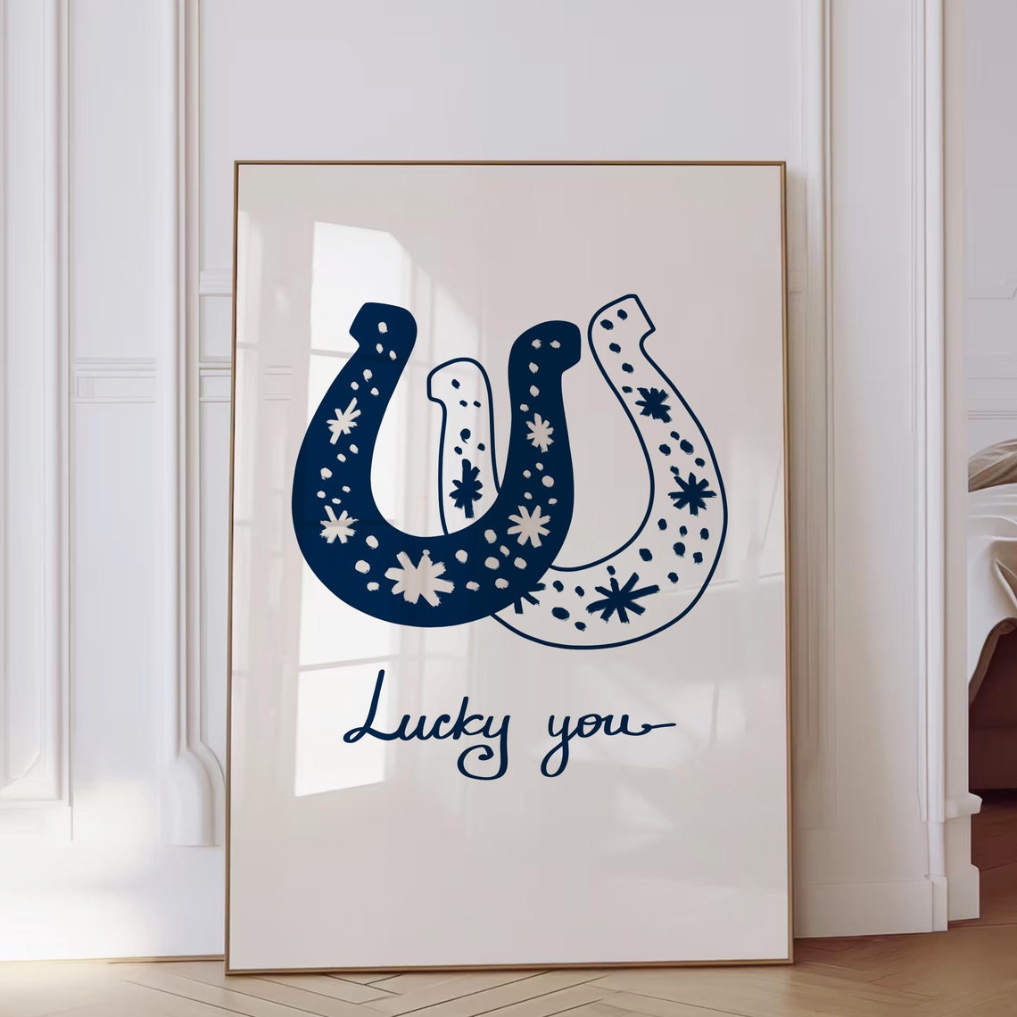 Lucky You Navy Floral Horseshoe Western Good Luck Charm Poster