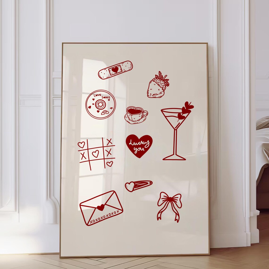 Red Love Doodles Hearts Martini Strawberry Retro Valentine Art Print