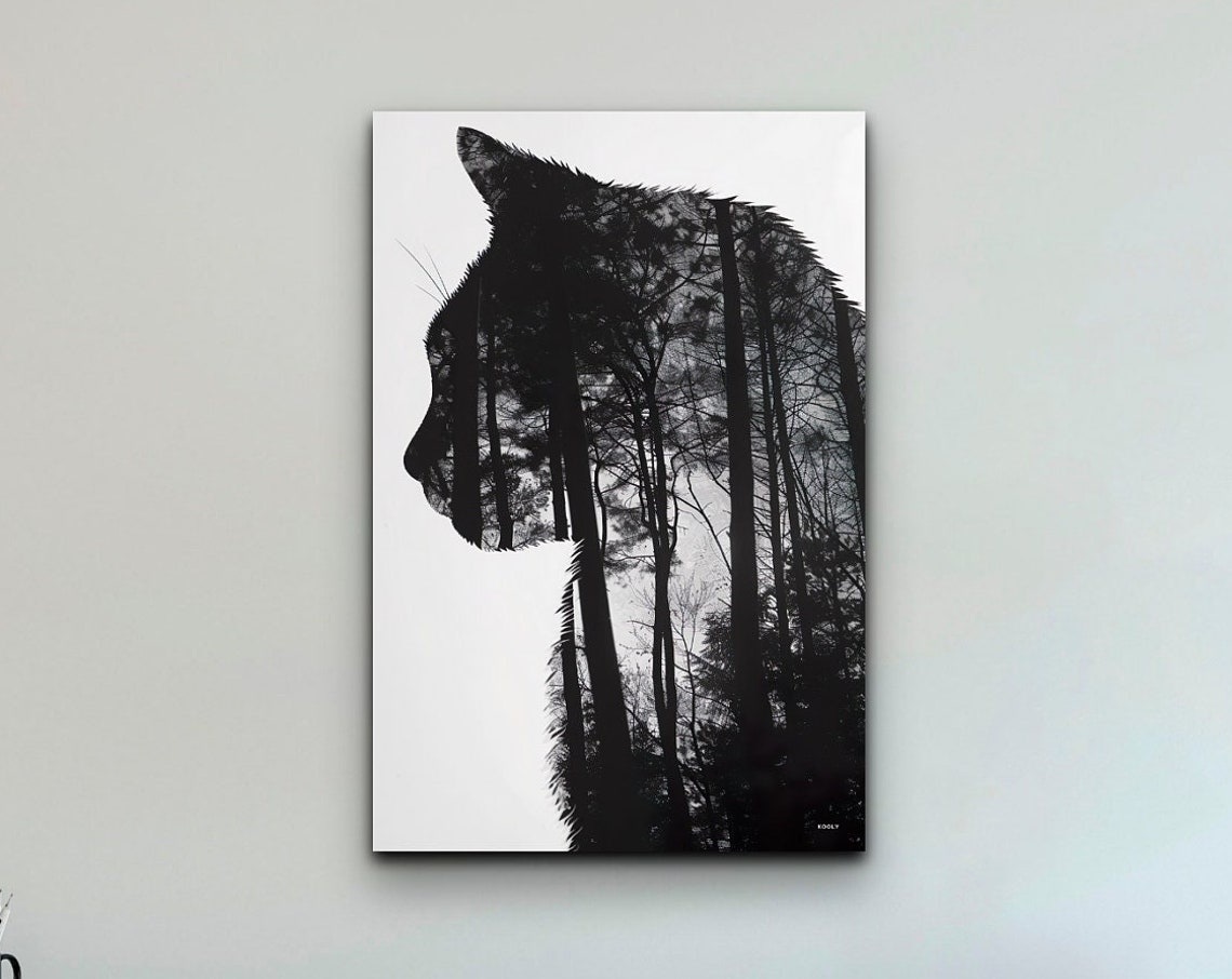 Double Exposure Cat Silhouette Forest Trees Monochrome Poster