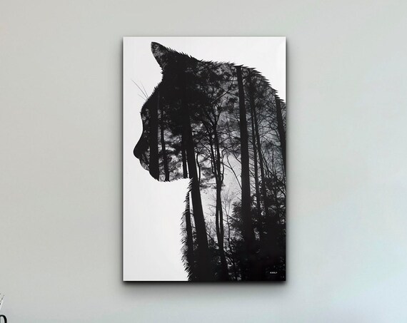 Double Exposure Cat Silhouette Forest Trees Monochrome Poster