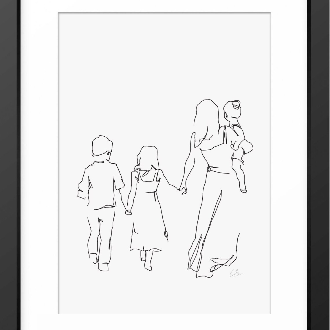 Mother and Three Children Walking Away Hand in Hand Line Art Poster