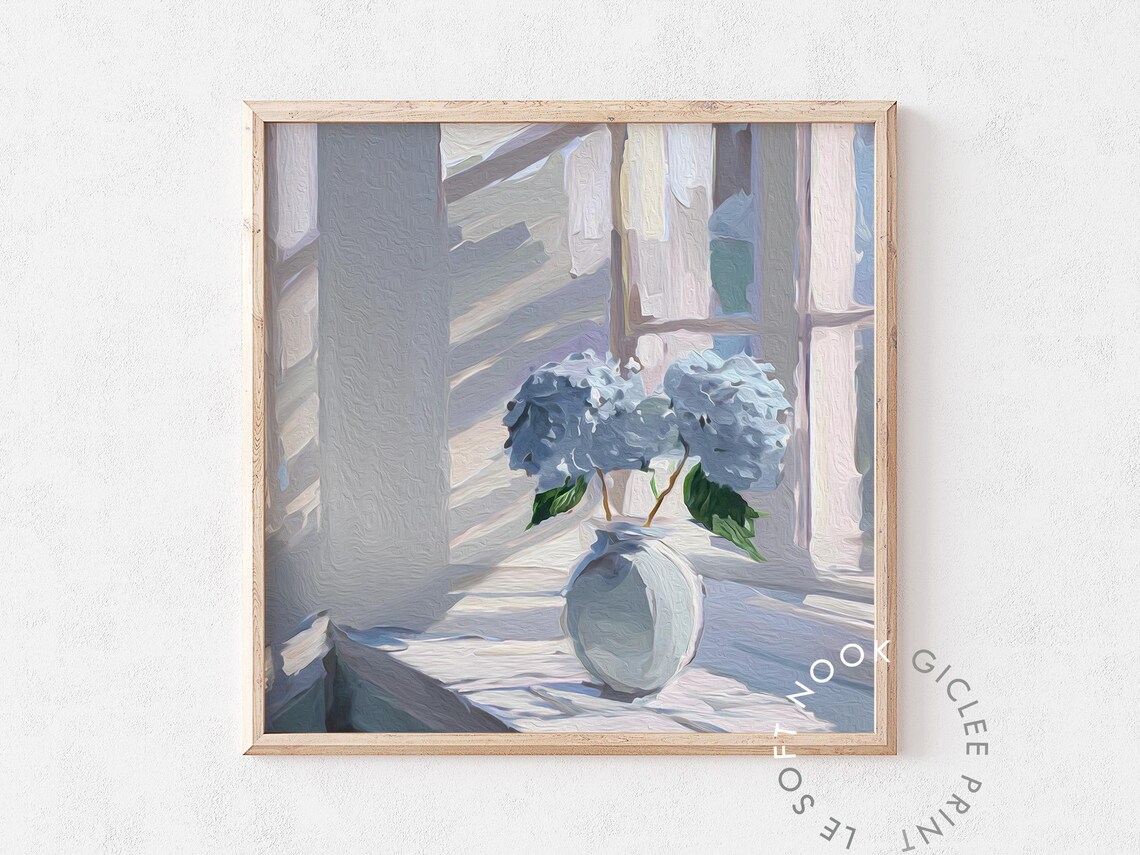 Blue Hydrangea Sunlit Window Farmhouse Oil Painting Floral Poster