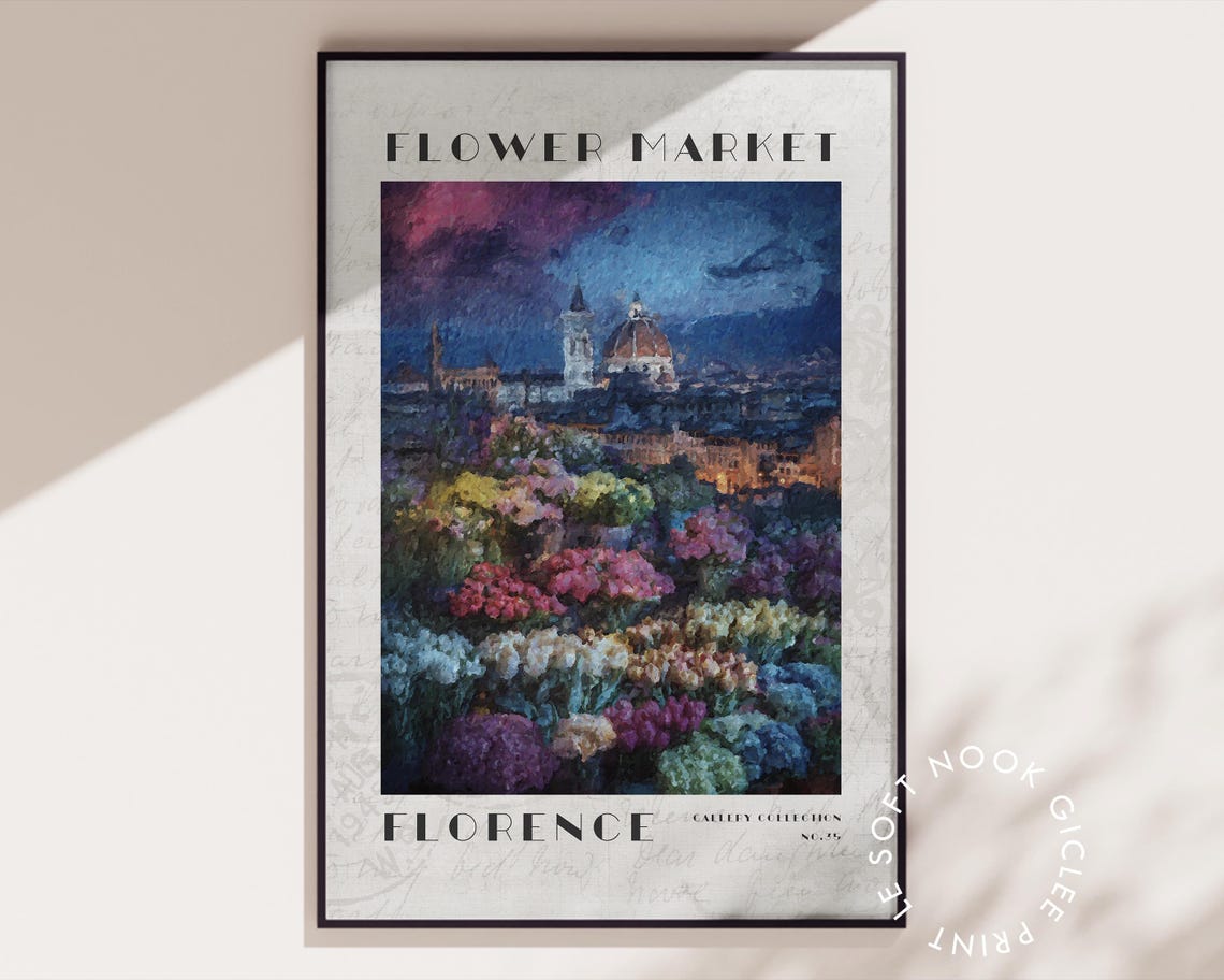 Florence Flower Market Night Duomo Dome Purple Sky Art Poster