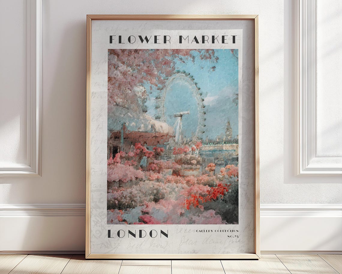 Pastel Flower Market London Poster Retro Travel City Print Floral Landscape Wall Art Eclectic Living Room Decor Housewarming Gifts