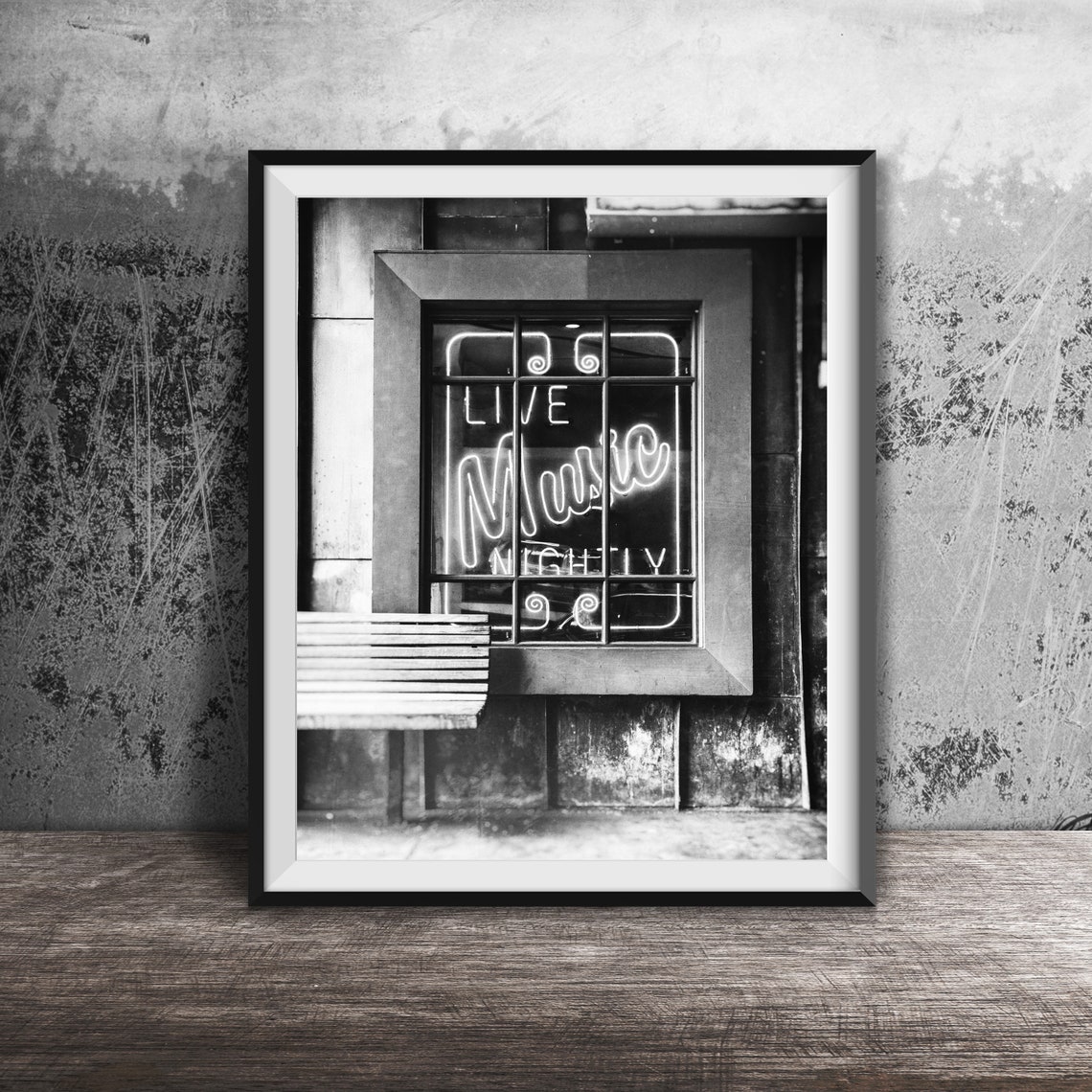 Live Music Nightly Blue Neon Window Sign with Bench Photo Poster - Image 2