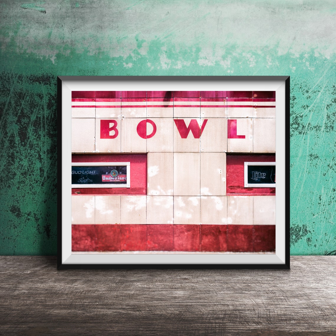 Vintage Red Bowl Bowling Alley Retro Tiled Facade Sign Poster